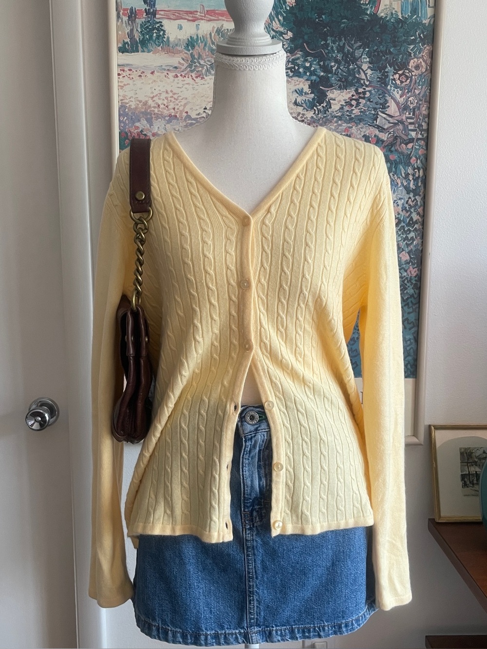 Jennifer Moore Cable Knit Cardigan Women Medium Butter Yellow Cottagecore Preppy